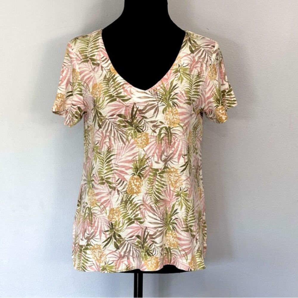 J Jill Women’s Slub Knit V neck Pima Cotton T shirt Tee Tropical Top Size XSp